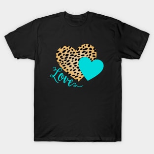 Cheetah Leopard with Turquoise Hearts and Love Text T-Shirt